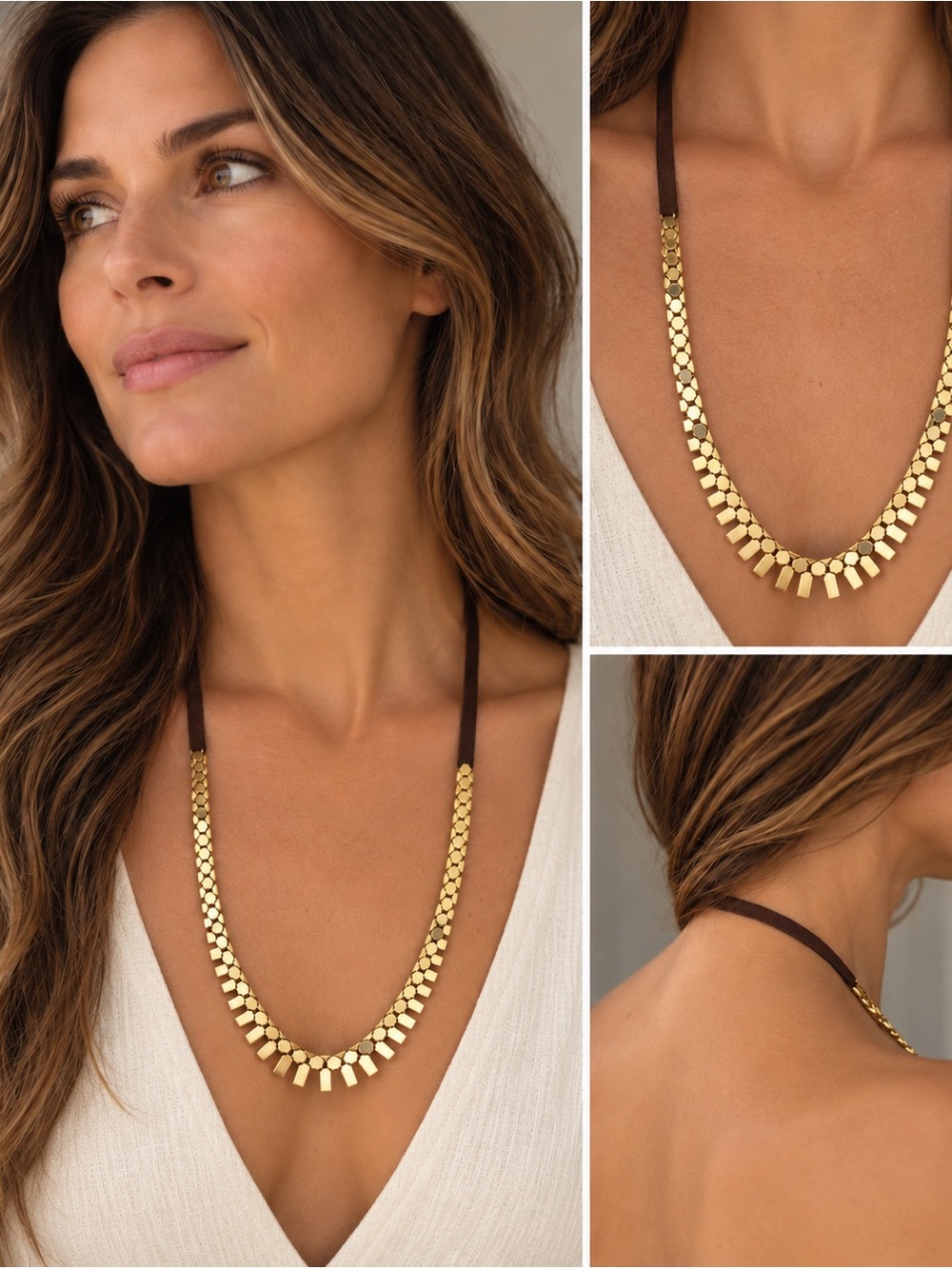 🔹 Hagar Satat Gold Plated Brown Leather Geometric Statement Necklace
